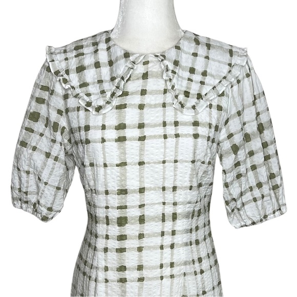 lena Mini Dress Ruffle Collar Short Puff Sleeve Preppy Plaid Green White Small S - Picture 16 of 16